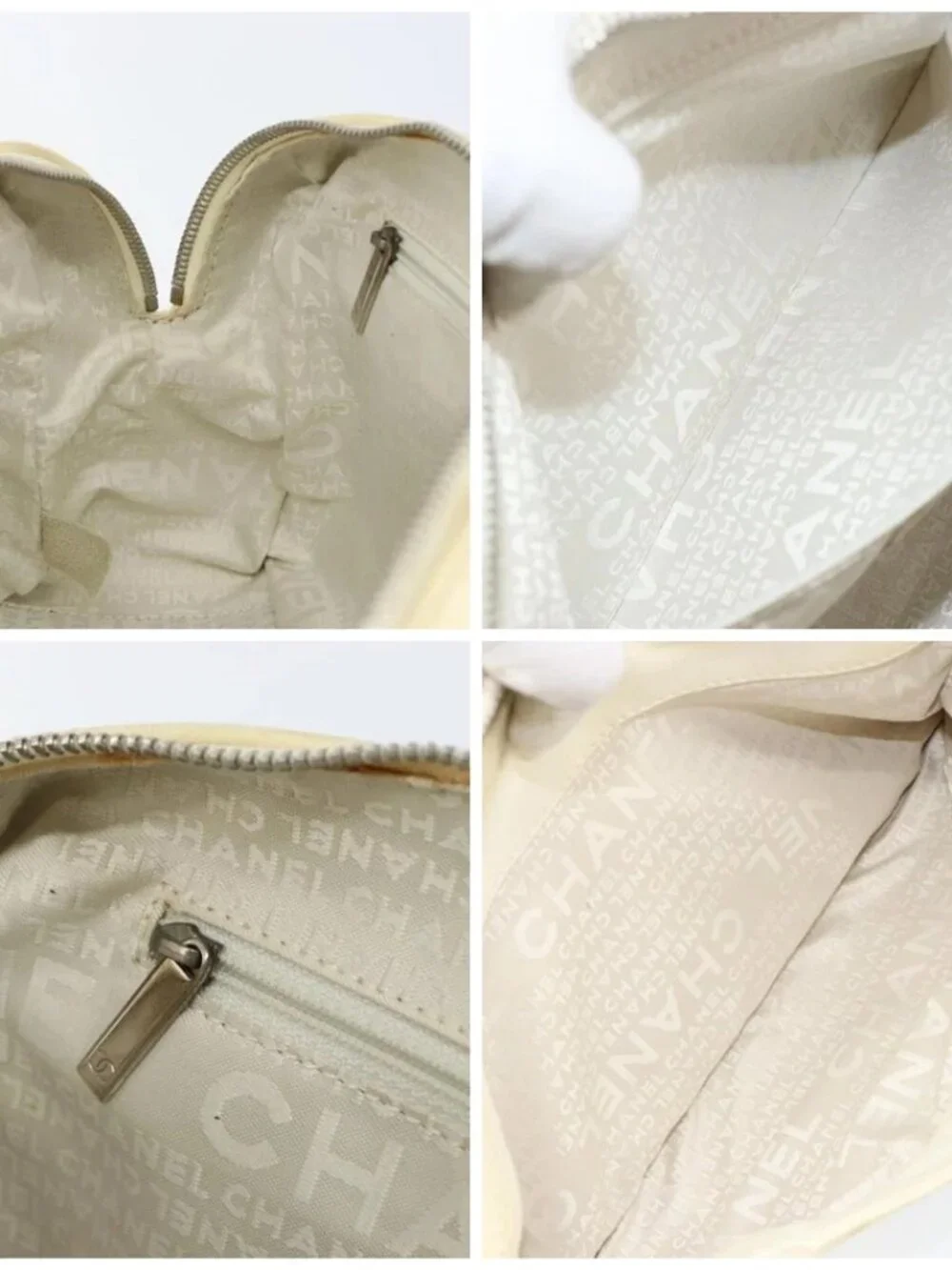CHANEL Tote Bag Canvas Leather White Silver CC Auth BA8037